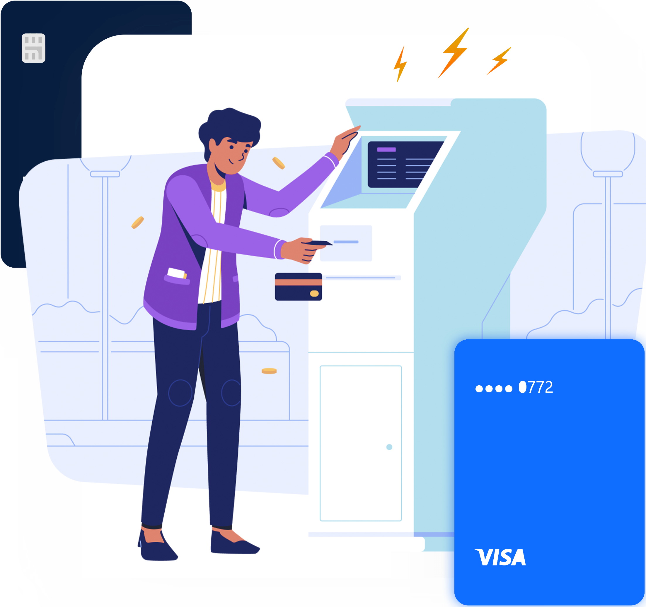 drawing of customer using atm machine, visa logo in foreground